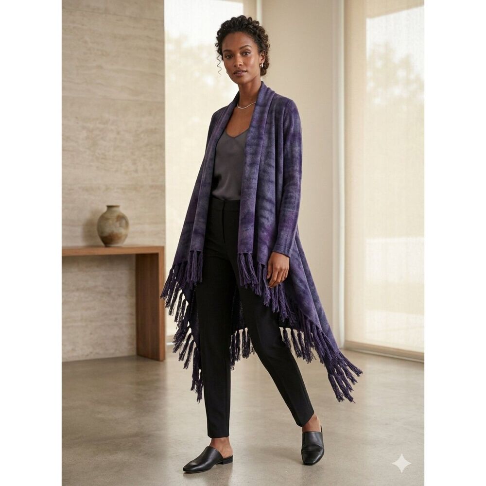 Lafayette 148 New York Extra-Fine Wool Open-Front Fringe Cardigan Sweater XXL
